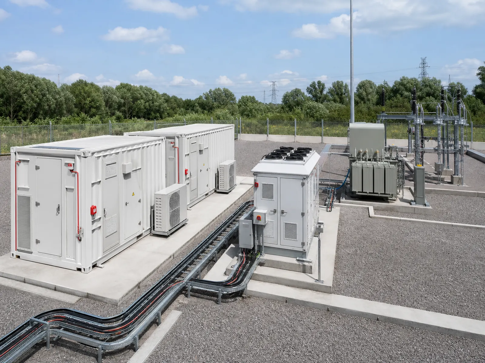 Containerized battery energy storage system with PCS, transformer and MV yard