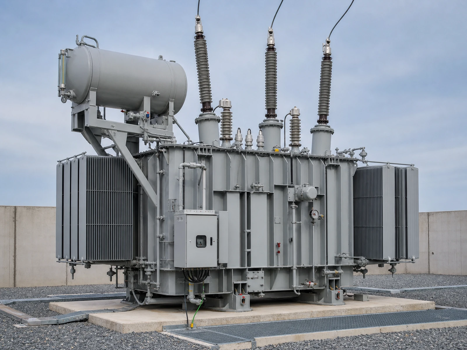Large outdoor power transformer with radiators, conservator and high-voltage bushings