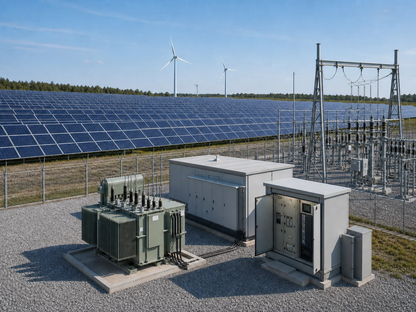 PV arrays, wind turbines, step-up transformer, control enclosure and grid-connection substation in an integrated renewable energy system